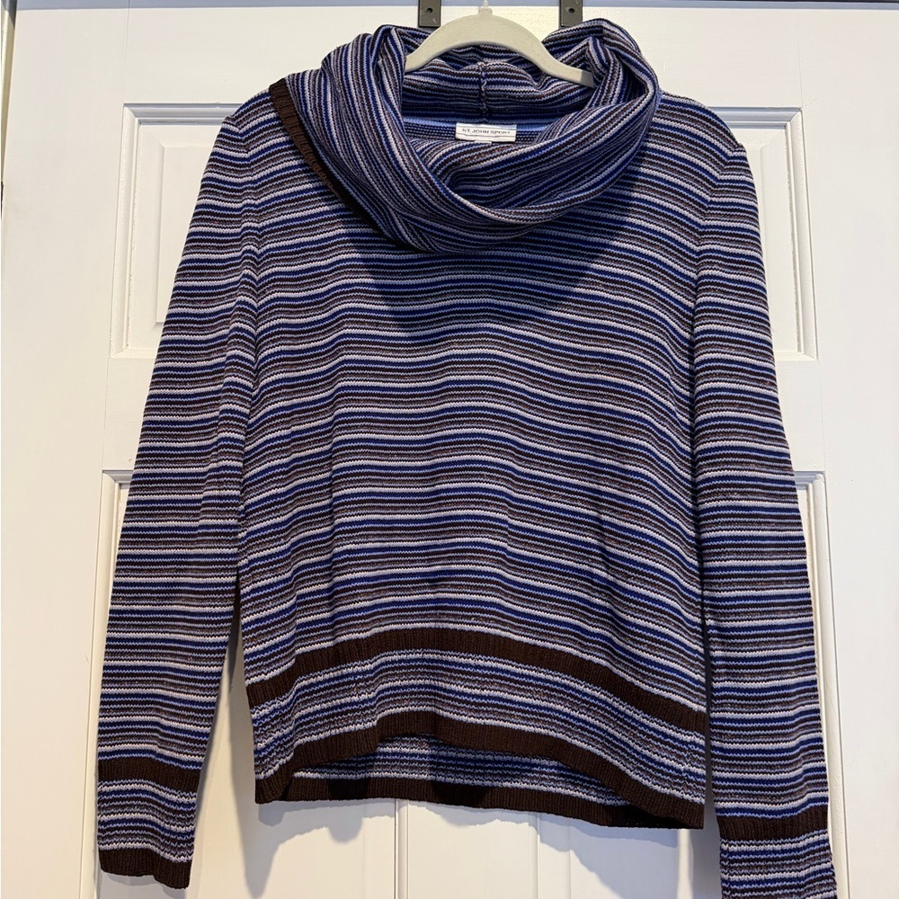 St John Sport Striped Cowl Neck Sweater - Blue and Brown